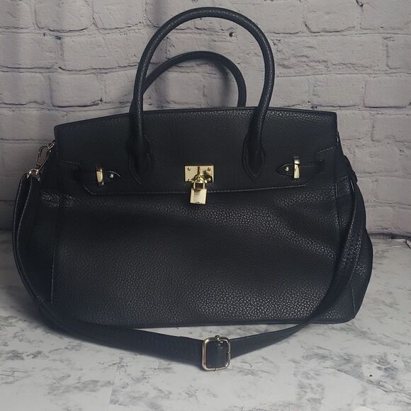 Two Tone Satchel Black Faux Leather Handbag with Decorative Lock - Picture 4 of 17